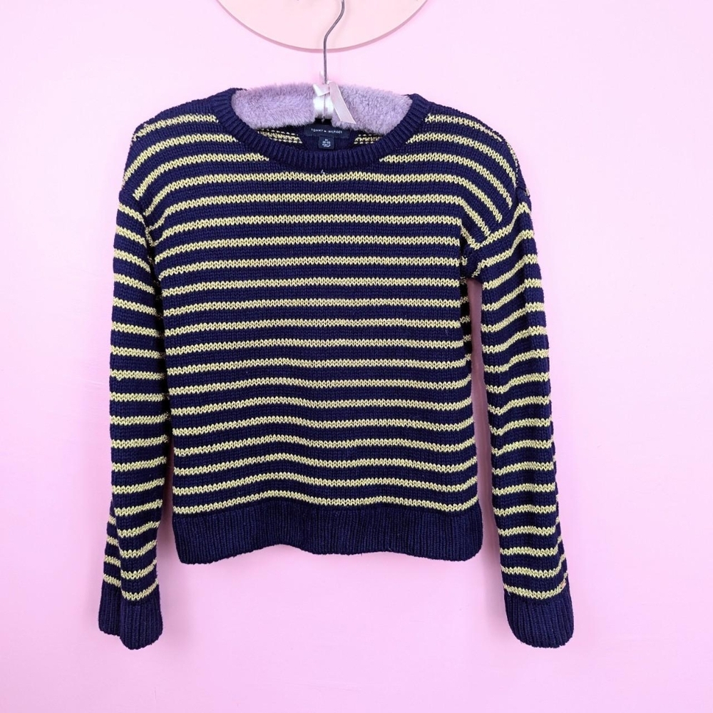 2017 Tommy Hilfiger Blue & Gold Metallic Horizontal Striped Knit Sweater